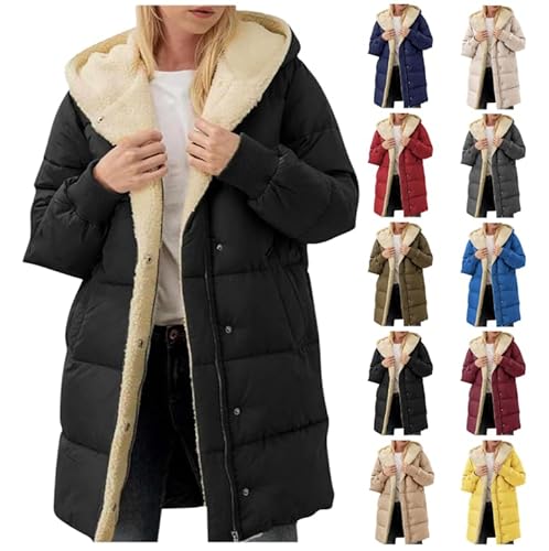 NACQZLI Winterjacke Damen Lang Einfarbig Baumwolljacke Kaschmir Futter Fleecejacke Plüschjacke mit Kapuze Reißverschluss Steppjacke Verdicken Wintermantel Warm Teddyjacke Langarm Plüschmantel von NACQZLI
