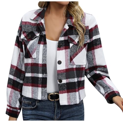 NACQZLI Wolljacke Damen Kurze Hemdjacke Karierte Wollmantel Langärmlig Blusenjacke Umschlagkragen Shirtjacke Hemdbluse mit Knöpfe Autumn Winter Kurzjacke Herbstjacke mit Taschen Langarmshirt NACQZLI Wolljacke Damen Kurze Hemdjacke Karierte Wollmantel Langärmlig Blusenjacke Umschlagkragen Shirtjacke Hemdbluse mit Knöpfe Autumn Winter Kurzjacke Herbstjacke mit Taschen Langarmshirt von NACQZLI