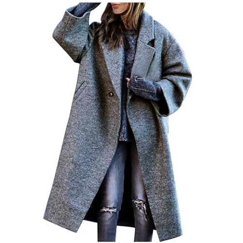 NACQZLI Wollmantel Damen Lang Trenchcoat Elegant Revers Wintermantel Langarm Mantel mit Knöpfe Locker Outdoor Jacke Große Größen Windjacke Einfarbig Winddichter Outwear Autumn Winter Damenmantel von NACQZLI