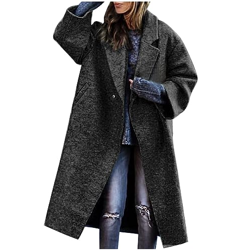 NACQZLI Wollmantel Damen Lang Trenchcoat Elegant Revers Wintermantel Langarm Mantel mit Knöpfe Locker Outdoor Jacke Große Größen Windjacke Einfarbig Winddichter Outwear Autumn Winter Damenmantel von NACQZLI
