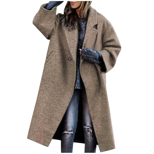 NACQZLI Wollmantel Damen Lang Trenchcoat Elegant Revers Wintermantel Langarm Mantel mit Knöpfe Locker Outdoor Jacke Große Größen Windjacke Einfarbig Winddichter Outwear Autumn Winter Damenmantel von NACQZLI