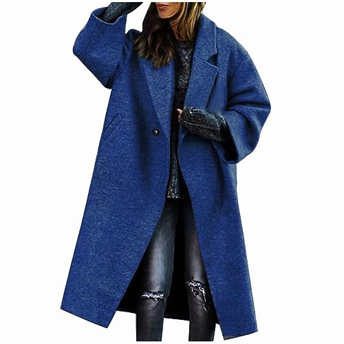 NACQZLI Wollmantel Damen Lang Trenchcoat Elegant Revers Wintermantel Langarm Mantel mit Knöpfe Locker Outdoor Jacke Große Größen Windjacke Einfarbig Winddichter Outwear Autumn Winter Damenmantel von NACQZLI
