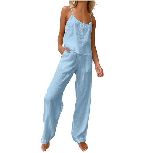 NACQZLI Zweiteiler Damen Einfarbig Baumwolle Leinen Sets Spaghetti Oberteile und Leinenhose 2 Teiler Leicht Sommer Freizeitanzug Atmungsaktive Leinenanzug Elegant Vintage Hosenanzug Outfits von NACQZLI