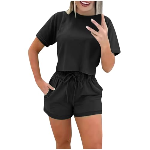 NACQZLI Zweiteiler Damen Sommer Kurz Einfarbig Outfits Kurzarm Tshirt und Shorts 2 Teiler Leicht Freizeitanzug Stretch Sportanzug Loose Jogginganzug Elegant Hosenanzug mit Kordelzug Sommer Sets von NACQZLI