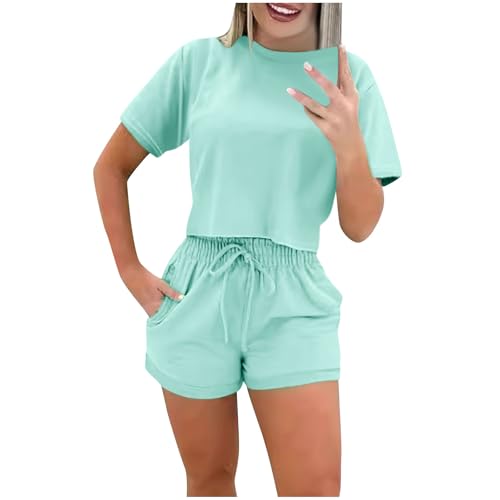 NACQZLI Zweiteiler Damen Sommer Kurz Einfarbig Outfits Kurzarm Tshirt und Shorts 2 Teiler Leicht Freizeitanzug Stretch Sportanzug Loose Jogginganzug Elegant Hosenanzug mit Kordelzug Sommer Sets von NACQZLI