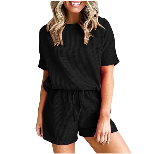 NACQZLI Zweiteiler Damen Sommer Kurz Waffel Strick Outfits Kurzarm Tshirt und Shorts 2 Piece Set Einfarbig Freizeitanzug Leicht Atmungsaktive Sommermode Kleidung Hosenanzüge mit Taschen Sportanzug von NACQZLI