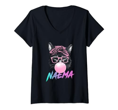 Damen NAEMA - Schöner Mädchen Name mit niedlicher Katze T-Shirt mit V-Ausschnitt von NAEMA Tochter Enkel Geburtstag Geschenkideen