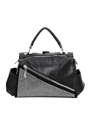 NAEMI Damen Weicher Lederrucksack, der quer über dem Körper getragen werden kann, und vielseitiger Rucksack Schwarz Silber von NAEMI