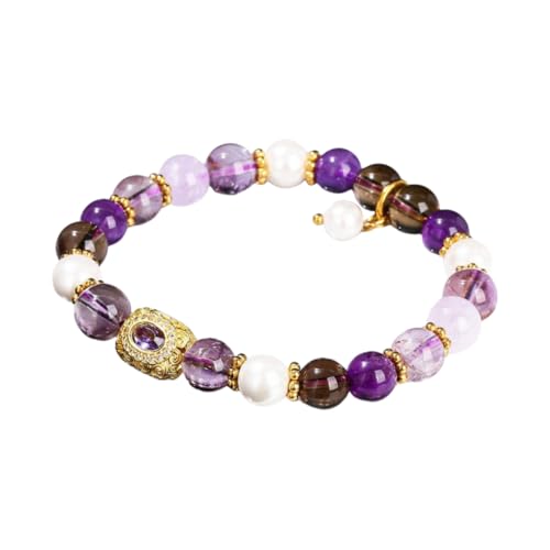 NAFEIMILUN Damen Armband Natürlicher Gelber Tigerstein Gelber Turmkristall Mit Einem Kreis Runden Perlen Elastisches Paarschmuck Amethyst Teekristall Weiße Muschelperlen von NAFEIMILUN