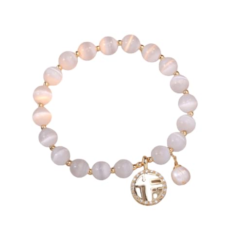 NAFEIMILUN Damen Edelstein Armband Fu Charakter Anhänger Armband Katzenauge Stein Erdbeerkristall Naturkristall Weibliches Freundin Geschenk 8mm von NAFEIMILUN