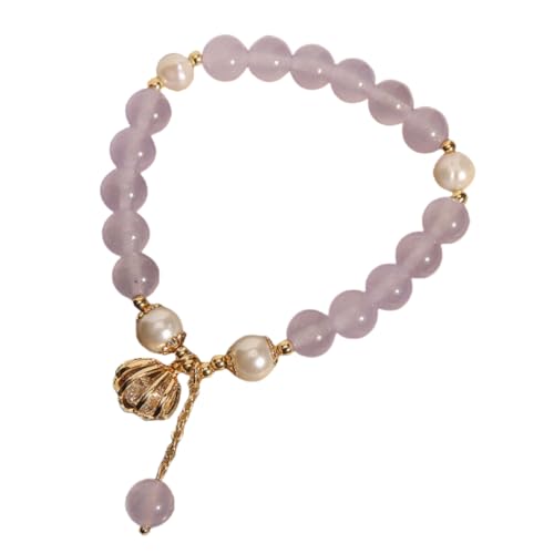 NAFEIMILUN Kristall Armband Damen 2 Stück Lila Chalcedon Kristallarmband Einzelschlaufe Damen Armband Mit Perlen Zirkon Muschel Anhänger Amethyst 8mm von NAFEIMILUN