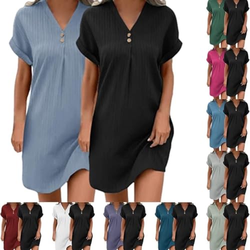 2er Pack Musselin Kleid Damen, Sommer V-Ausschnitt Tunika Kleid Einfarbige mit Knöpfen Lässiges Kurzarm Sommerkleid Leicht Musselin Bluse Kleid Boho Strandkleider Luftige A-Linie Kleid Freizeitkleid von NAFING