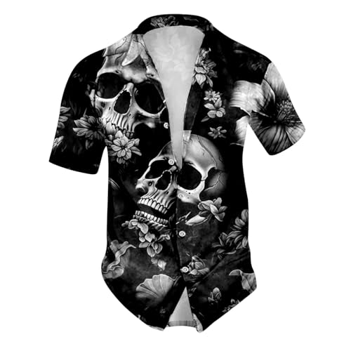 Halloween Kostüm Herren, Hemd mit Totenkopf Muster Revershemd Regular Fit Knopfleiste Kurzarm Freizeithemd Entsetzen Horror Kurzarmhemd Casual Männer Lustig Shirt Oberteile Top von NAFING