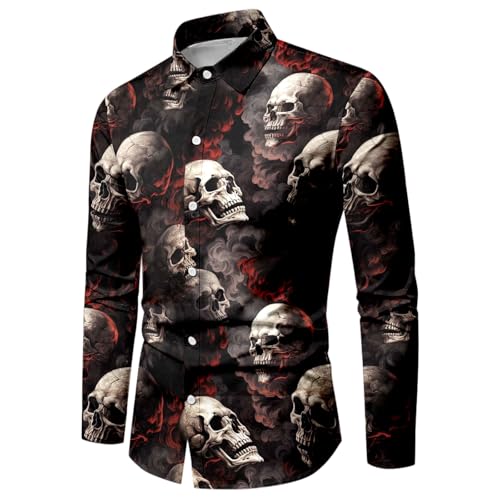 Halloween Kostüm Herren Gruselig, Blutspritzer Muster Revershemd Hässliches T-Shirt Regular Fit Knopfleiste Party Hemd Lustige Hemdem Entsetzen Totenkopf Langarmhemd von NAFING