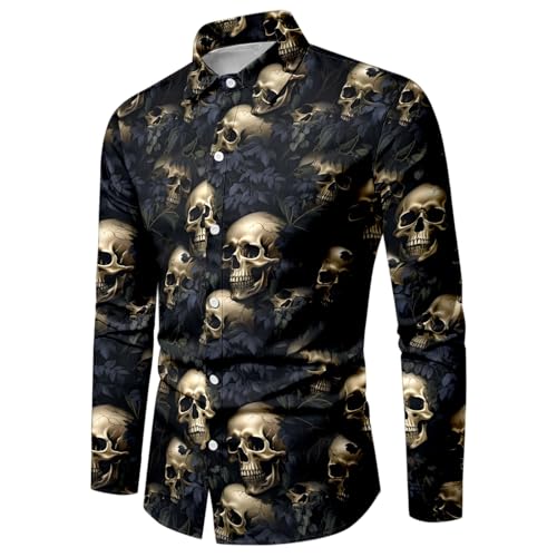 Halloween Kostüm Herren Gruselig, Hemd Blutspritzer Muster Revershemd Hässliches Tshirt Regular Fit Knopfleiste Party Lustige Hemdem Entsetzen Totenkopf Langarmhemd von NAFING