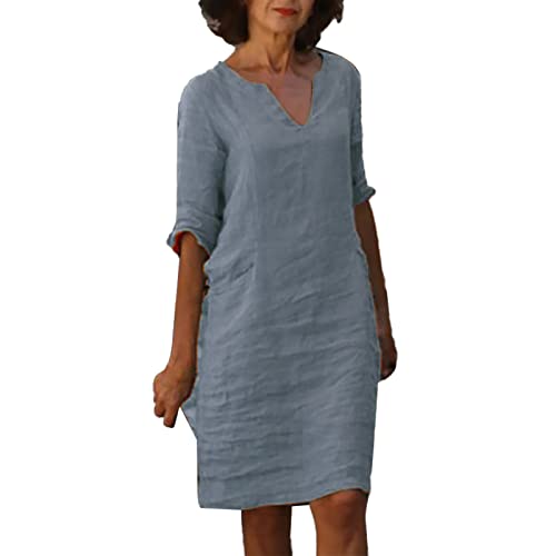 Musselin Kleid Damen Sommer V-Ausschnitt Luftige Tunika Kleid Einfarbige mit Knöpfen Lässiges Kurzarm Sommerkleid Leicht Musselin Bluse Kleid Boho Strandkleider A-Linie Kleid Freizeitkleid von NAFING