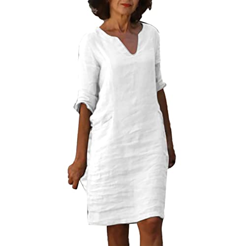 Musselin Kleid Damen Sommer V-Ausschnitt Luftige Tunika Kleid Einfarbige mit Knöpfen Lässiges Kurzarm Sommerkleid Leicht Musselin Bluse Kleid Boho Strandkleider A-Linie Kleid Freizeitkleid von NAFING