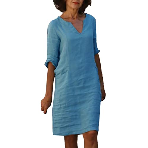 Musselin Kleid Damen Sommer V-Ausschnitt Luftige Tunika Kleid Einfarbige mit Knöpfen Lässiges Kurzarm Sommerkleid Leicht Musselin Bluse Kleid Boho Strandkleider A-Linie Kleid Freizeitkleid von NAFING