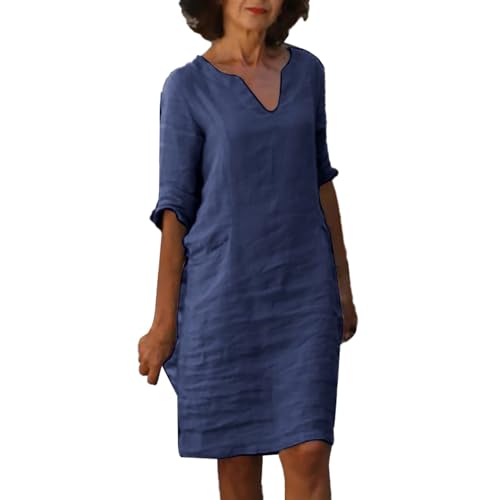 Musselin Kleid Damen Sommer V-Ausschnitt Luftige Tunika Kleid Einfarbige mit Knöpfen Lässiges Kurzarm Sommerkleid Leicht Musselin Bluse Kleid Boho Strandkleider A-Linie Kleid Freizeitkleid von NAFING