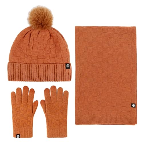 NAFING Damen Winter Warm Pompom Mütze Touchscreen Handschuhe Thermo Beanie Wintermütze Strickmütze Schlauchschal Winterhandschuhe Wintermütze Winterhandschuhe Schal Touchscreen Handschuhe Set von NAFING