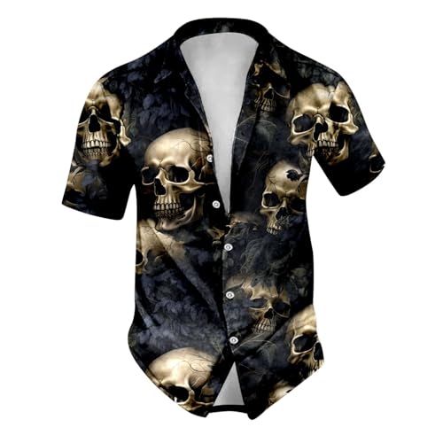 NAFING Hemd Herren Totenkopf Party Halloween bedrucktes Kurzarm Umlegekragen Kostüm Versteckte Knopfleiste Festlich von NAFING