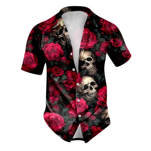 NAFING Hemd Herren Totenkopf Party Halloween bedrucktes Kurzarm Umlegekragen Kostüm Versteckte Knopfleiste Festlich von NAFING