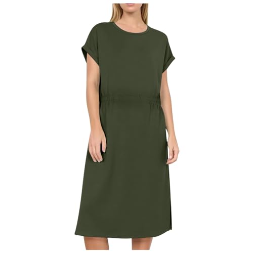 NAFING Musselin Kleid Damen Sommer V-Ausschnitt Luftige Tunika Kleid Einfarbige mit Knöpfen Lässiges Kurzarm Sommerkleid Leicht Musselin Bluse Kleid Boho Strandkleider A-Linie Kleid Freizeitkleid von NAFING