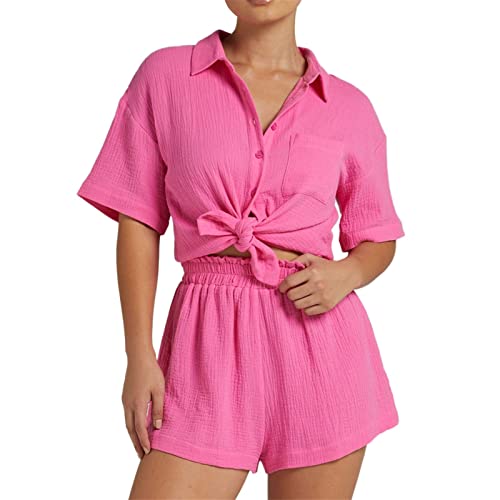 Prime Deal, Musselin Pyjama Damen, Loungewear Damen Musselin Schlafanzug Kurz Set Kurzarm Bluse Mit Knöpfen Und Shorts 2 Teiler Sommer Pyjama Set Hausanzug Lounge Set Zweiteiler Nachtwäsche von NAFING