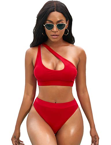 NAFLEAP Damen One Shoulder Sport Bikini Set Hohe Taille Ausschnitt Badeanzug Crop Top Badeanzug - Rot - Large von NAFLEAP