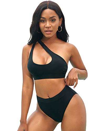 NAFLEAP Einschulter-Bikini-Set für Damen, hohe Taille, zweiteiliger Badeanzug, Schwarz, S von NAFLEAP