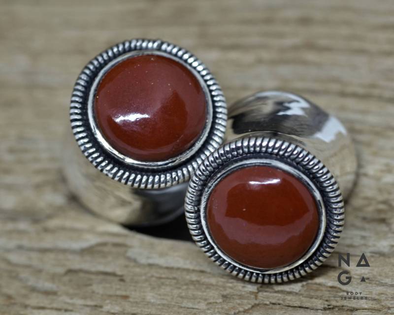 1 Paar Durchmesser Ohrstecker Silber 0G 00G Silber - Und Roter Jaspis Ohr Plugs Double Flared Handgemacht von NAGABodyJewelry