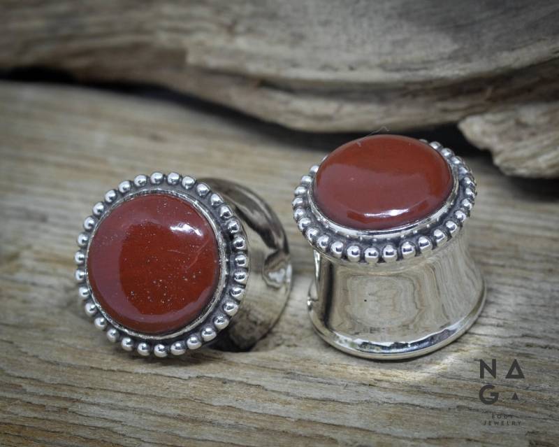 1 Paar Ohr Plugs 0G 1/2" Silber Lehren - Roter Jaspis Double Flared Handgemacht Sterling von NAGABodyJewelry
