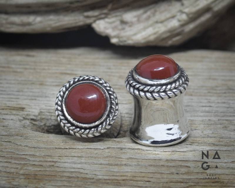 1 Paar Ohr Plugs 0G 8 Mm Silber Jaspis - Und Rot Double Flared Handmade 0 G von NAGABodyJewelry