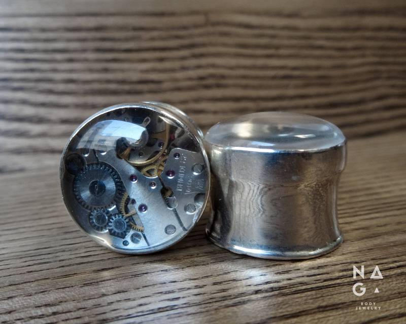 1 Paar Ohr Plugs Steam Punk 3/4" 7/8" 20 Mm 22 - Silber Echtes Uhrwerk Und Kristall Quarz Linse Double Flared von NAGABodyJewelry