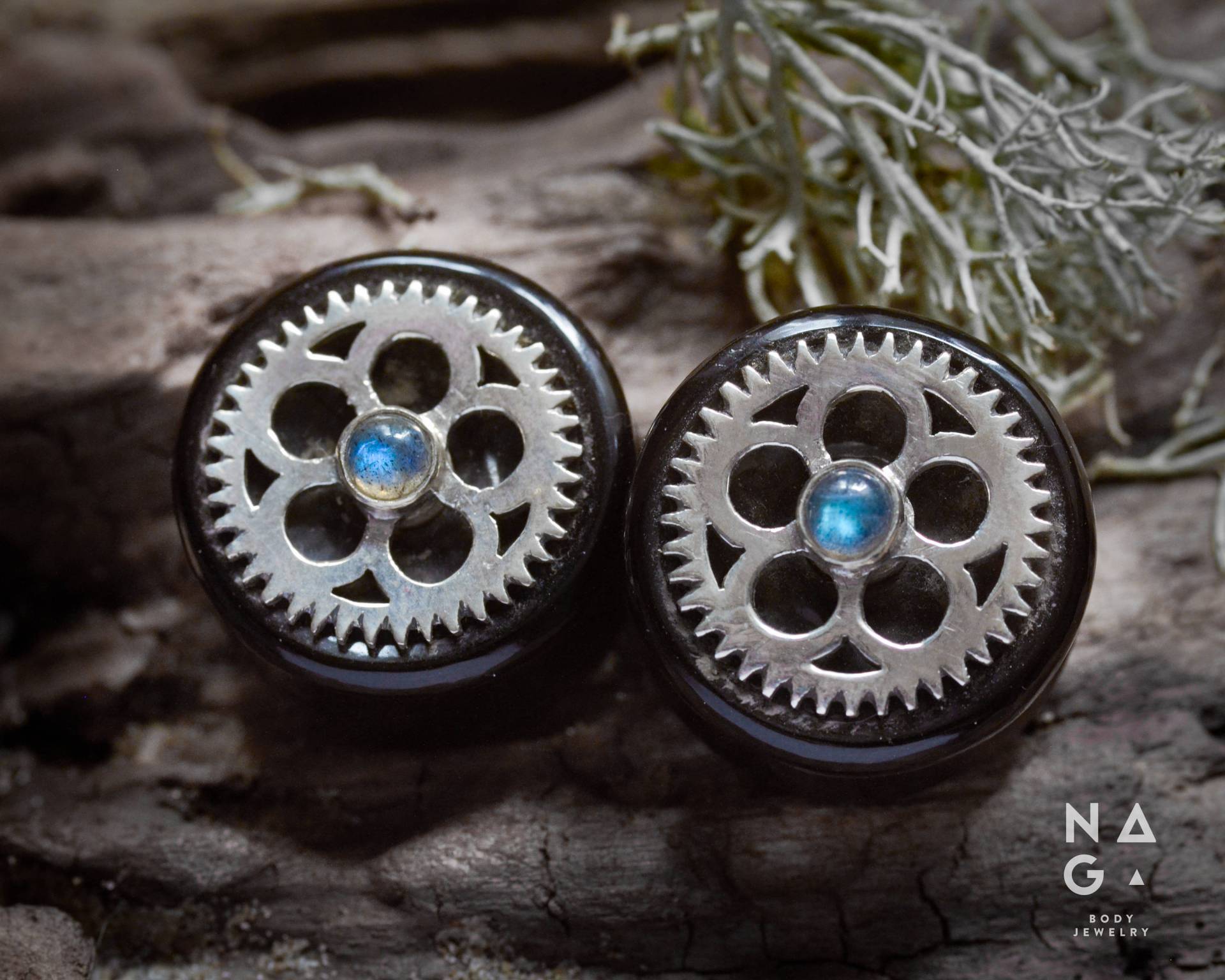 1 Paar Ohrstecker 19 Mm Durchmesser - Rauchquarz Silber Und Labradorit Double Flared Handgemacht von NAGABodyJewelry