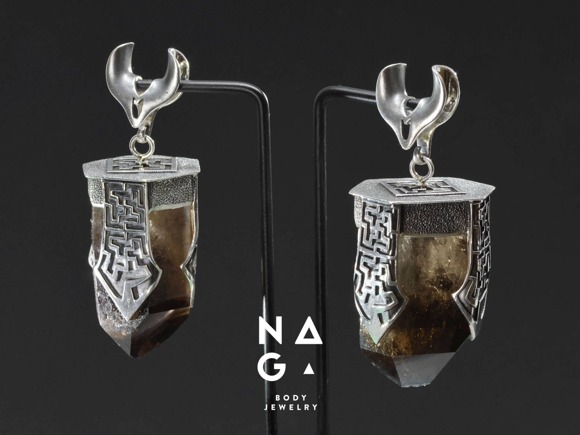 1 Paar Ooak Natürliche Rauchquarz Kristalle in Silber Gefasst - Unikat von NAGABodyJewelry