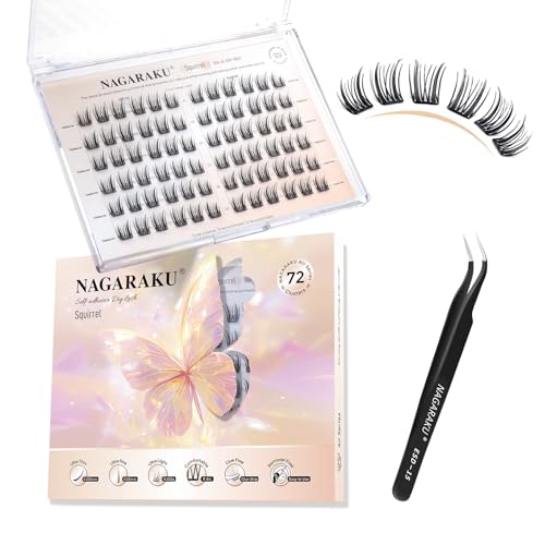 NAGARAKU Selbstklebende Wimpern mit Pinzette Set 72 Fans Einteilig Geformt Dünne Flocken Kein Kleber Entferner Drückende Wiederverwendbar Natürlich Aussehende Für alle Augenformen (C Curl Squirrel) von NAGARAKU
