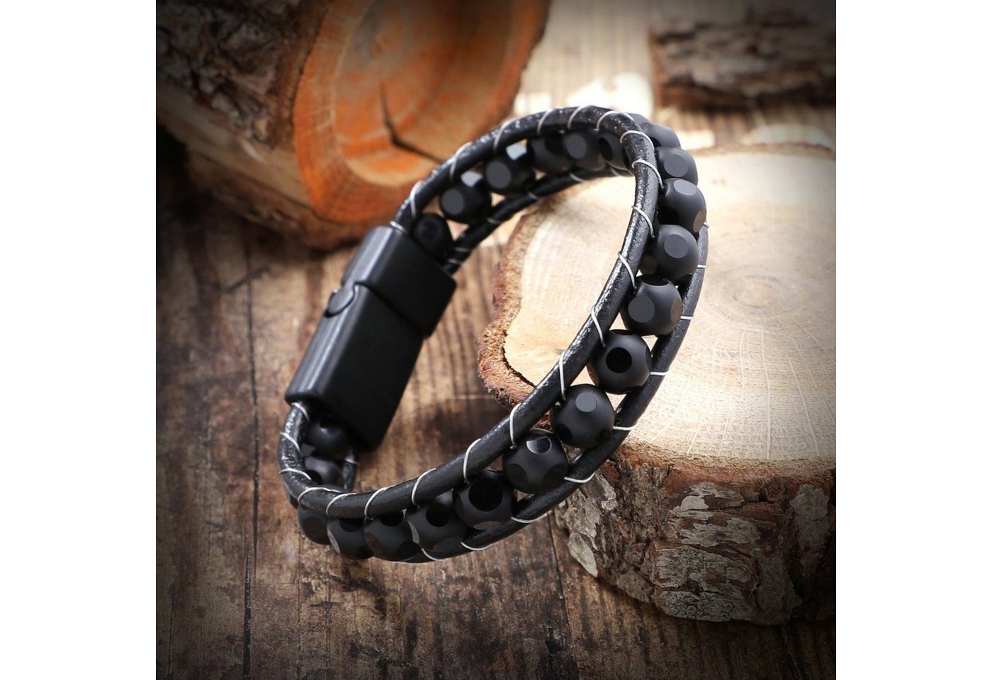 NAHLE Lederarmband Herren Lederarmband Onyx Schwarz Armband (inklusive Schmuckbox), aus Echtleder, mit Magnetverschluss für ein sicheres verschließen von NAHLE