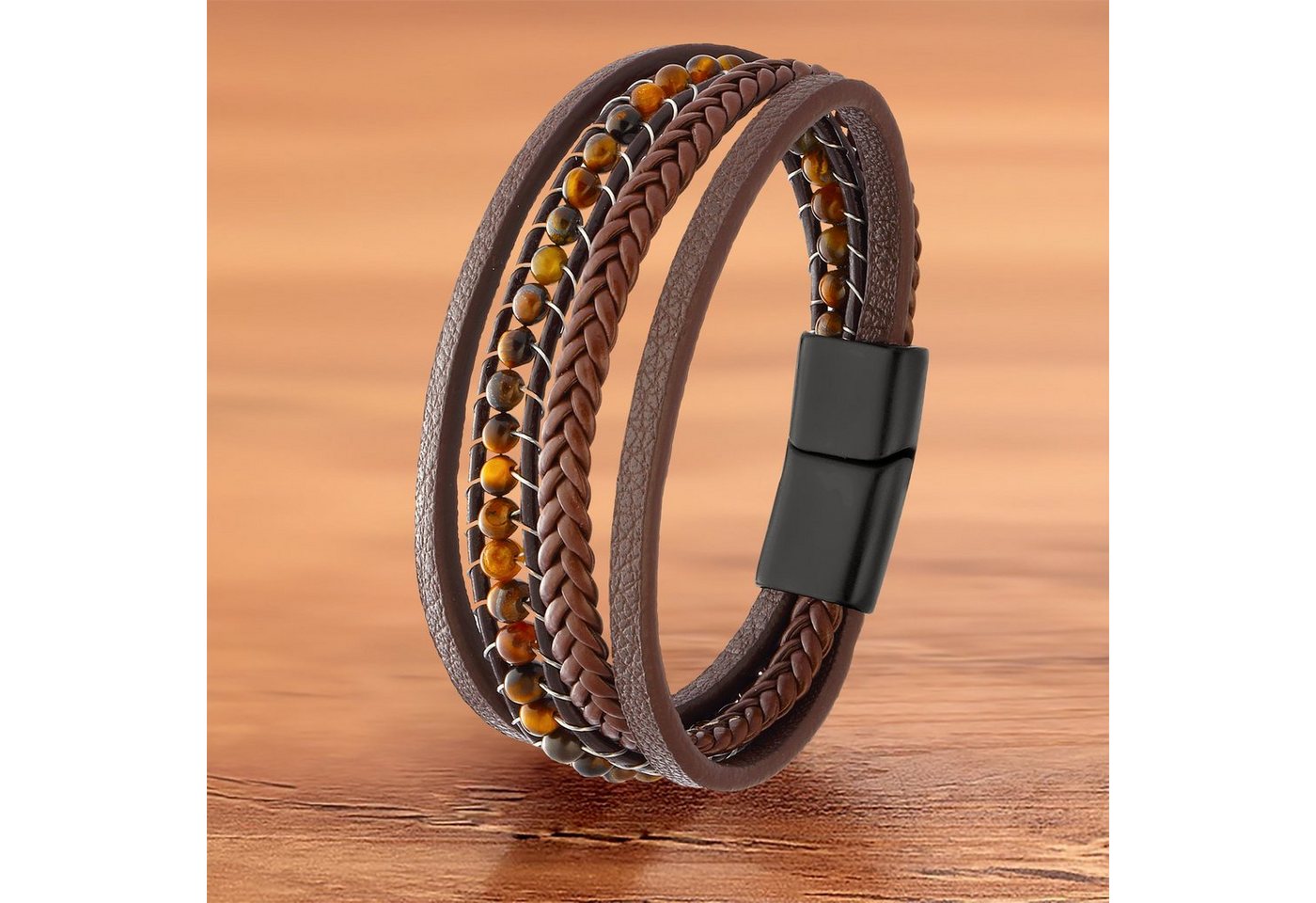 NAHLE Lederarmband Herren Lederarmband mit Tigeraugen Perlen (inkl. Schmuckbox), aus Leder, mit Magnetverschluss für ein sicheres verschließen von NAHLE