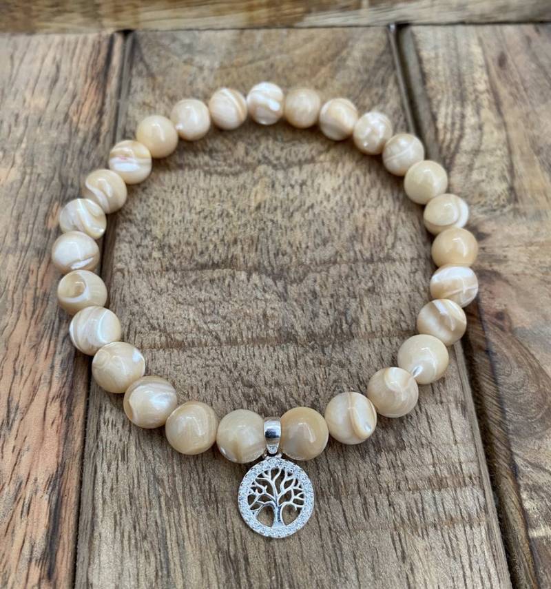 NAHLE Perlenarmband Silber Lebensbaum Perlmutt Naturstein Armband Baum des Lebens Armband (inkl. Schmuckbox), mit Lebensbaum Anhänger aus 925 Sterling Silber von NAHLE