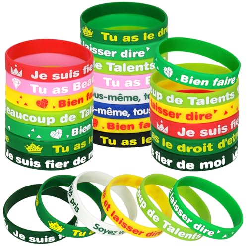 NAHRMY 30 Stück Motivationsarmbänder auf Französisch Inspirierend Silikon Armbänder für Kinder Studierende Jugendlichen Geschenke von NAHRMY