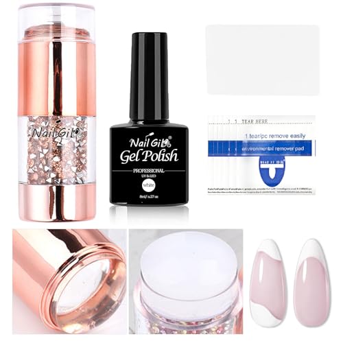 NAILGIL French Nails Stempel Set, 9pcs Nagelstempel mit weißem Gel Nagellack, Klarer milchig-weißer Silikon Nagelstempel Doppelkopf für French Style Transfer Nail Stamping Set Salonqualität von NAIL GIL