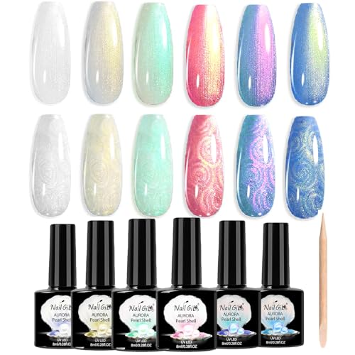 Perlmutt nagellack, 6 Farben UV Gel Nagellack Pearl Effekt, Aurora Schimmer Pearl Gel Nail Polish, Glitzer Gellack UV Lampe Nagellack Swirl Shell Thread Perlmutt schillernder Effekt von NAIL GIL