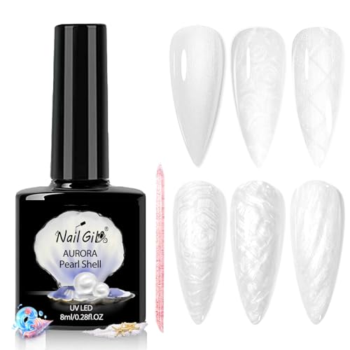 NAILGIL Pearl UV Gel Nagellack - 6 Farben weiß Perlmutt Nagel lack Lack Aurora Spirale Schimmer mit Thread Shell Nagel Maniküre Pearl Gel Nail Polish, Perlmutt weiß von NAIL GIL
