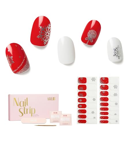 NAILOG Nagelfolie UV Härtend Selbstklebend - 34 Stück (Holly Jolly) Rot und Weiß Schneeflocken Christmas Nagelsticker, Weihnachtsbaum UV Gel Strips, Weihnachten Geschenk für Frauen, von NAILOG