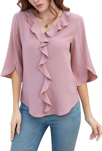 NAIOSS Damen Bluse Elegant 3/4 Ärmel Oberteile Sommer Shirts V-Ausschnitt Lotusblatt Rand Blusen Tunika Tops(rosa/M) von NAIOSS
