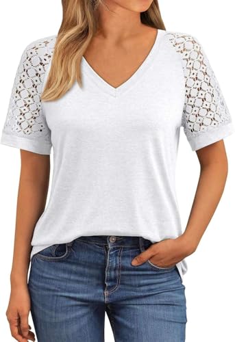 NAIOSS Damen Bluse Elegant Kurzarm V-Ausschnitt Shirts Spitzenärmel Oberteile Sommer Tshirt Casual Blusen Tunika Tops(weiß/L) von NAIOSS