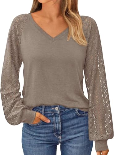 NAIOSS Damen Bluse Elegant Langarmshirt V-Ausschnitt Shirts Spitzenärmel Oberteile Herbst Tshirt Casual Blusen Tunika Tops(Braun/S) von NAIOSS