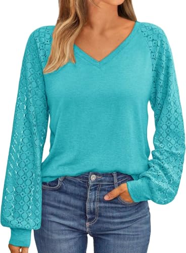 NAIOSS Damen Bluse Elegant Langarmshirt V-Ausschnitt Shirts Spitzenärmel Oberteile Herbst Tshirt Casual Blusen Tunika Tops(Color-blau/L) von NAIOSS