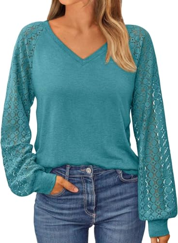 NAIOSS Damen Bluse Elegant Langarmshirt V-Ausschnitt Shirts Spitzenärmel Oberteile Herbst Tshirt Casual Blusen Tunika Tops(Lakeblau/XXL) von NAIOSS